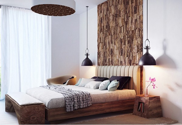 Phòng ngủ ấm áp với tường gỗ