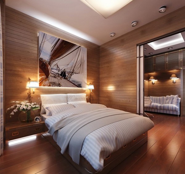 Phòng ngủ ấm áp với tường gỗ