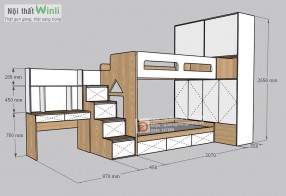 Giường tầng gỗ công nghiệp kết hợp bàn học và tủ áo cho 2 bé
