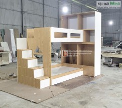 Giường tầng gỗ công nghiệp kết hợp bàn học và tủ áo cho 2 bé