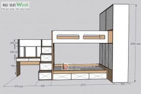 Giường tầng gỗ công nghiệp kết hợp bàn học và tủ áo cho 2 bé