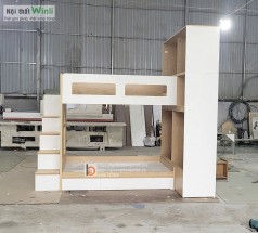 Giường tầng gỗ công nghiệp kết hợp bàn học và tủ áo cho 2 bé